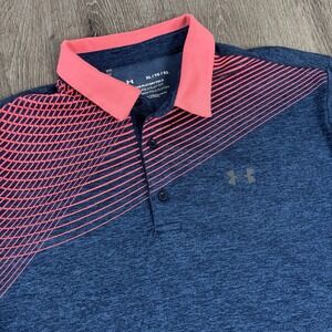 Under Armour Polo Shirt Mens XL Blue Coral Stripe Playoff Golf Performance